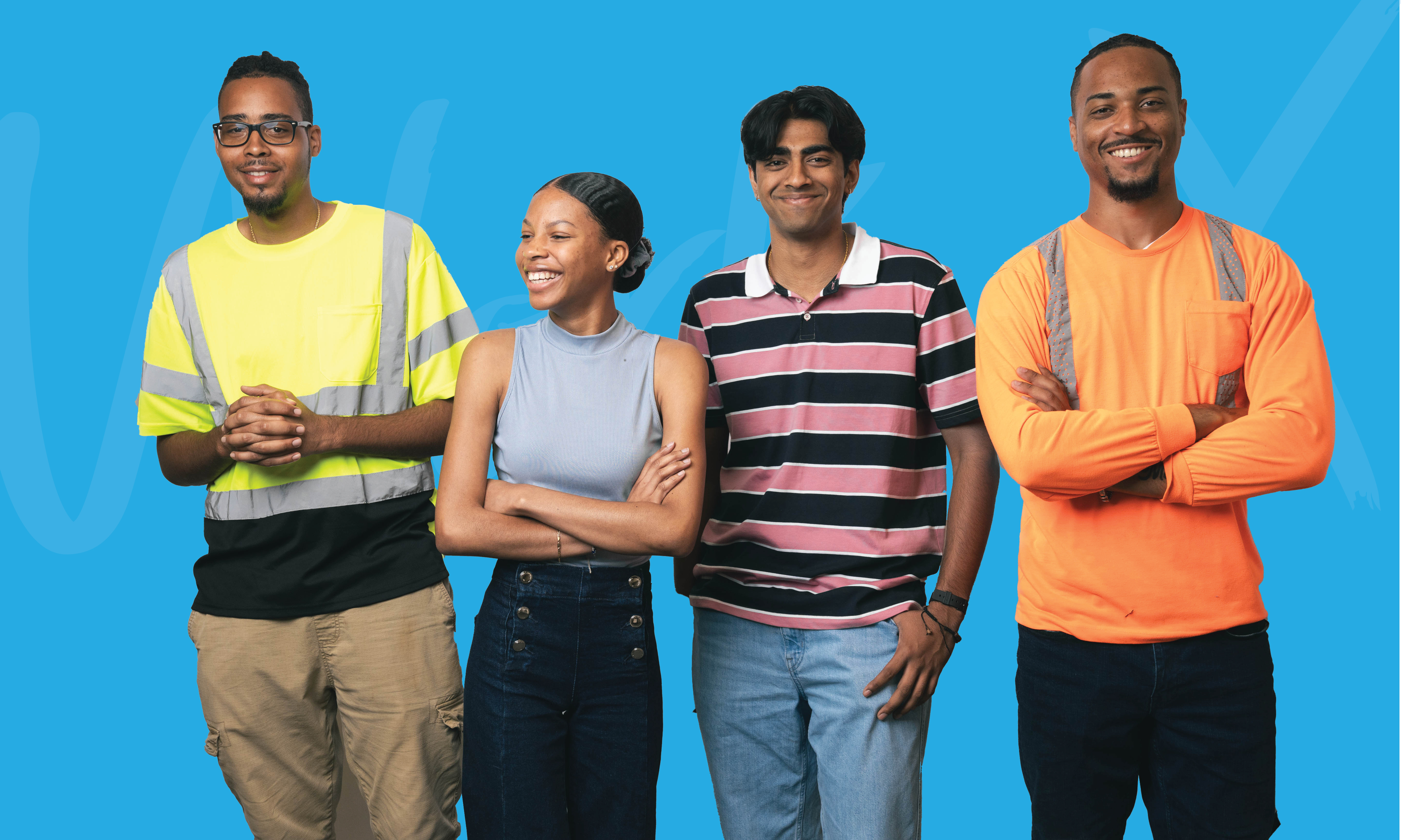 work experience students on blue background